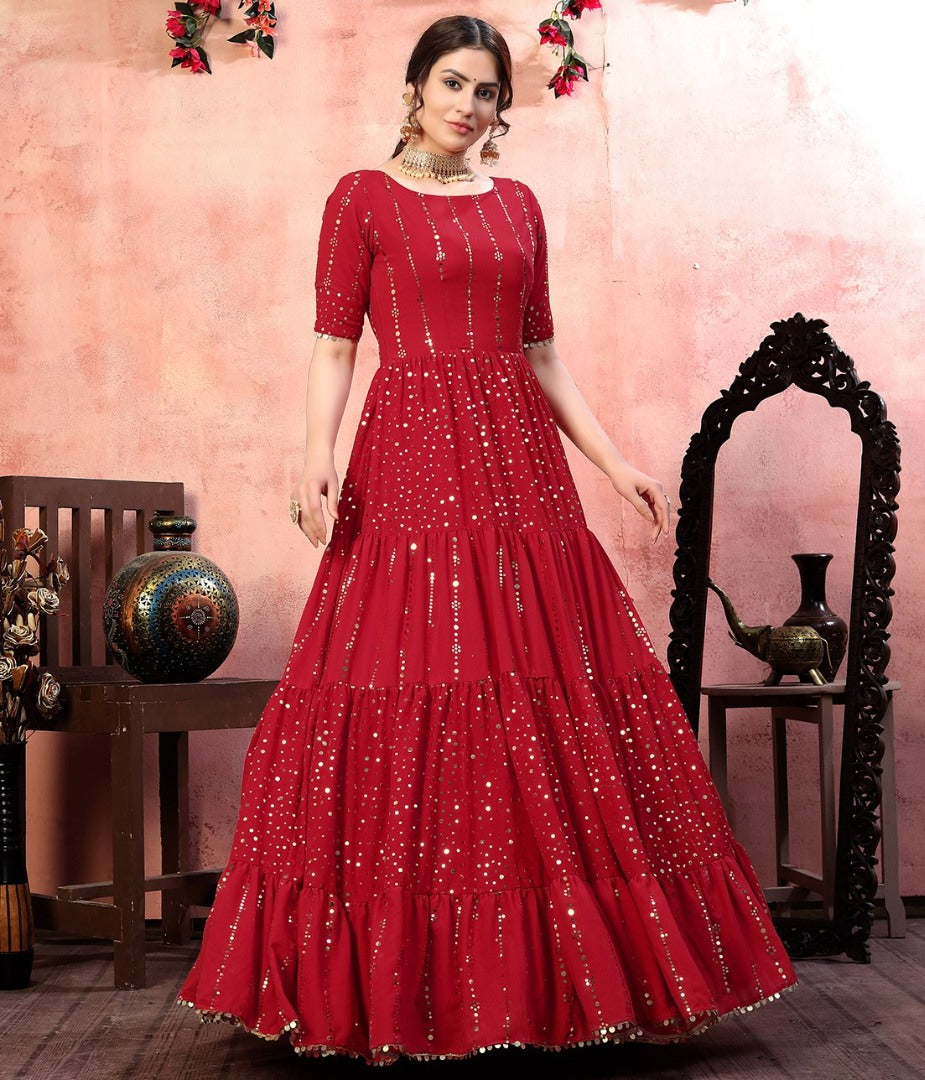 Red georgette golden sequence work party wear gown