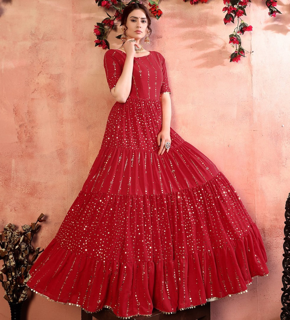 Red georgette golden sequence work party wear gown
