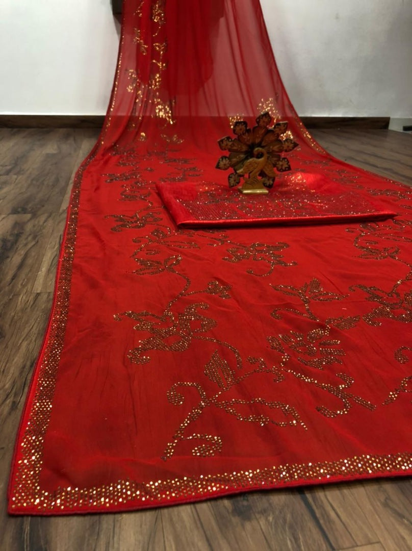 Red georgette heavy diamond work partywear saree