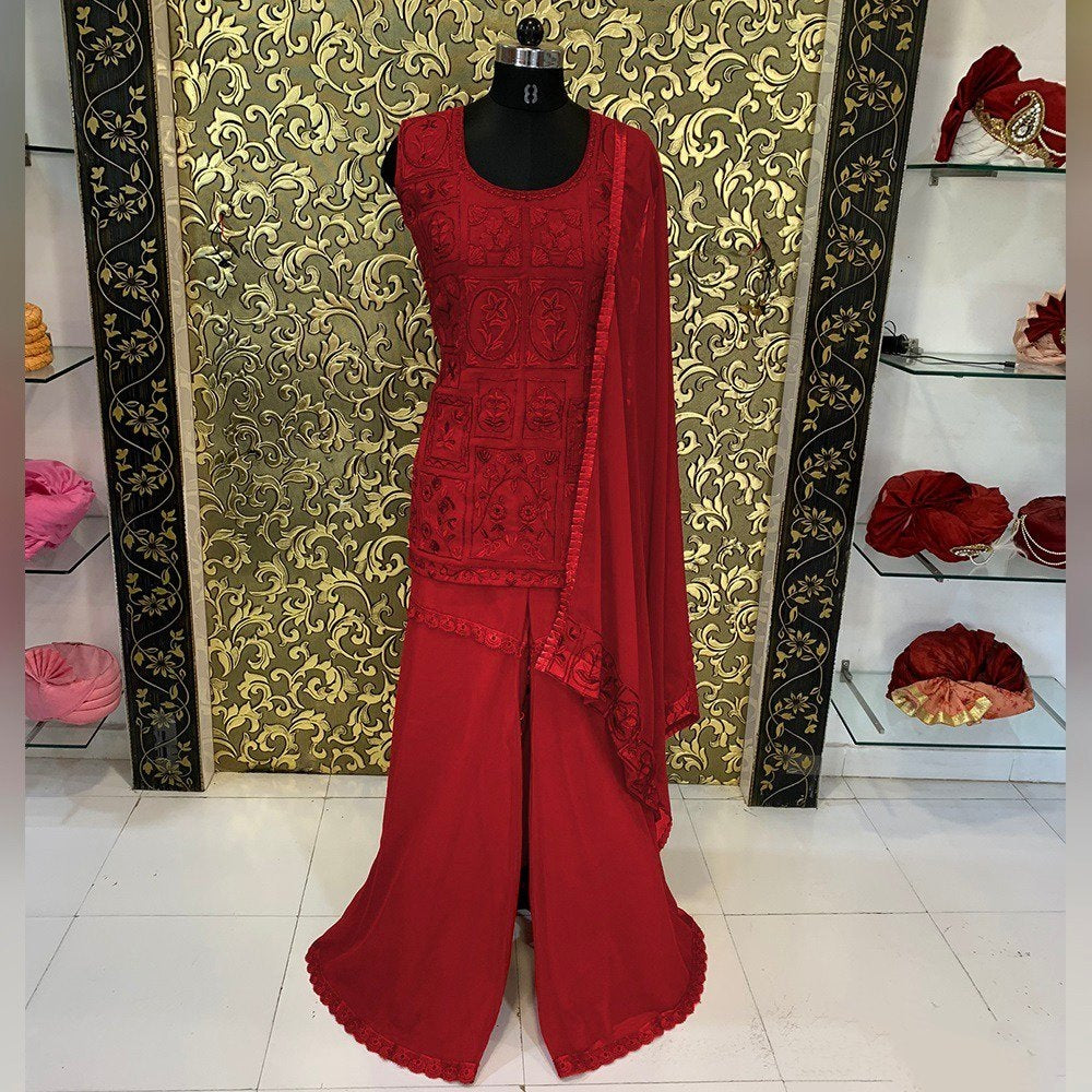 Red georgette heavy embroidered threadwork bollywood sharara salwar suit
