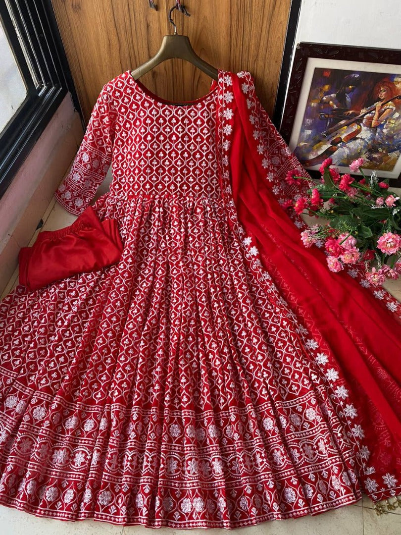 Red georgette heavy embroidered wedding anarkali suit