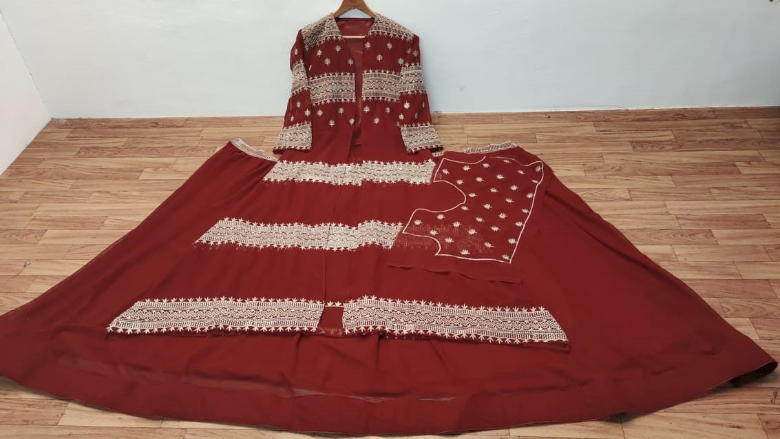 Red georgette heavy embroidered work lehenga choli with koti
