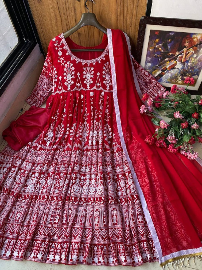 Red georgette heavy embroidery wedding anarkali suit