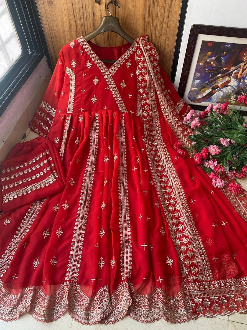 Red georgette heavy embroidery work pant salwar suit