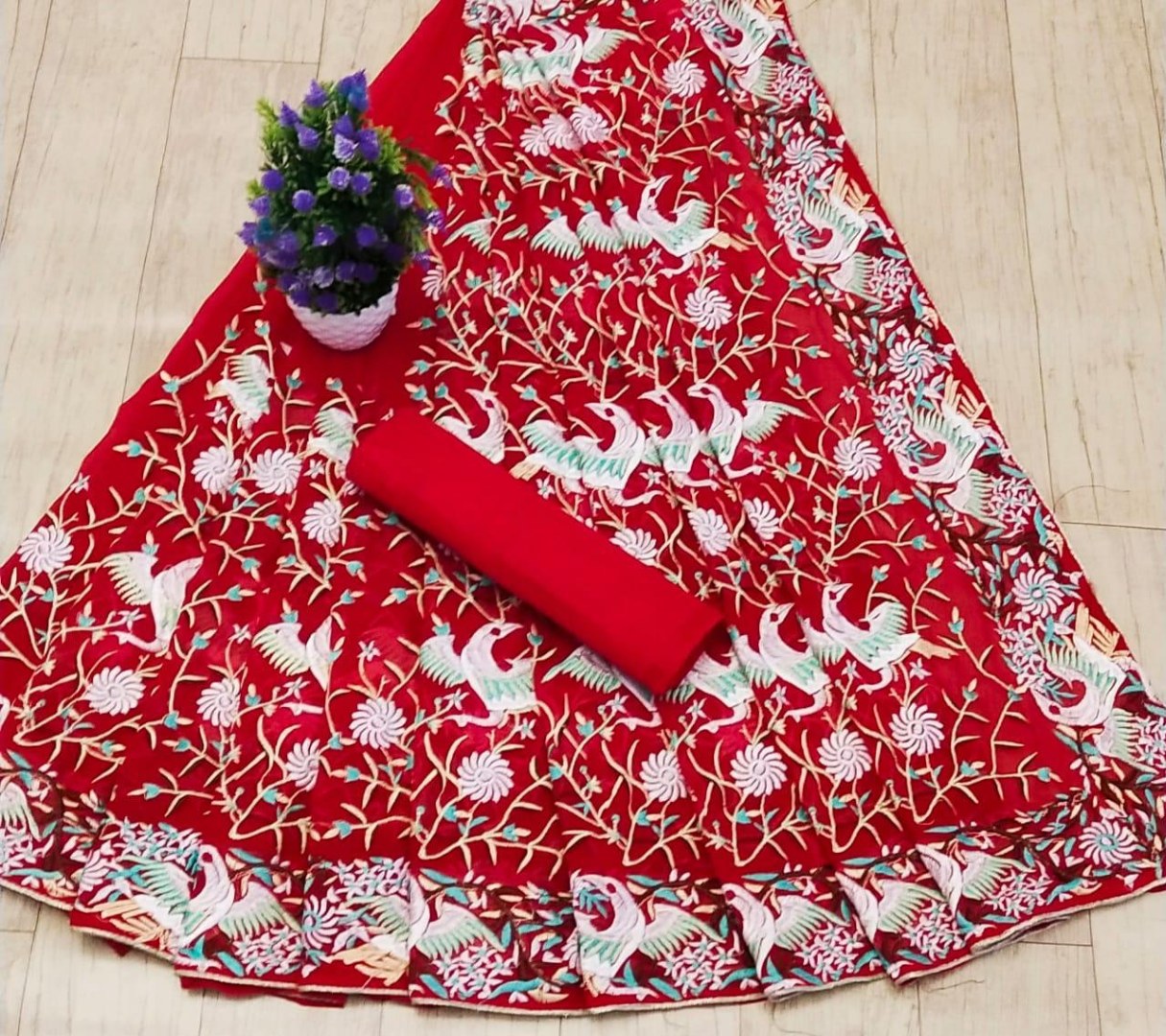 Red georgette heavy thread embroidered wedding saree