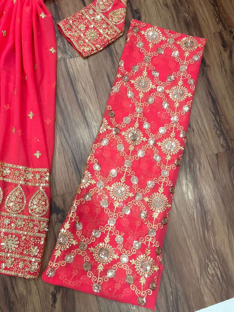 Red georgette heavy thread sequence embroidery designer dhoti suit