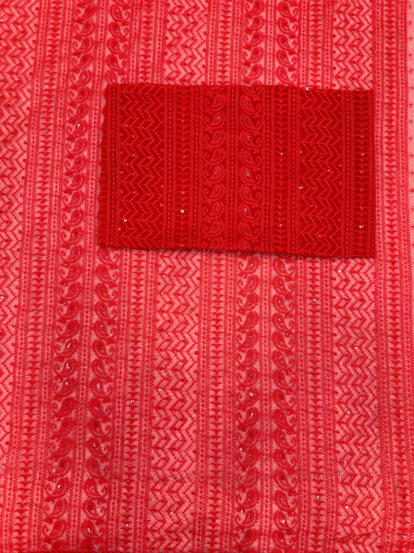 Red georgette heavy thread work saree for karva chauth
