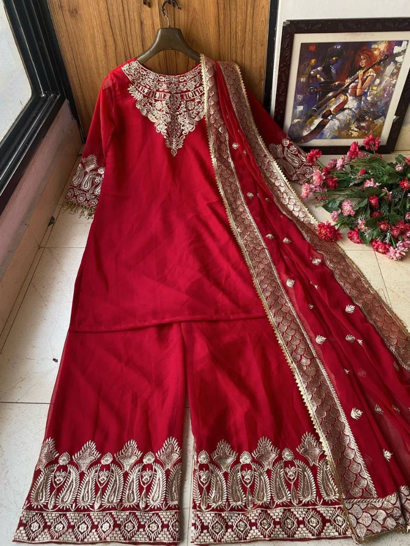 Red georgette heavy work wedding plazzo suit