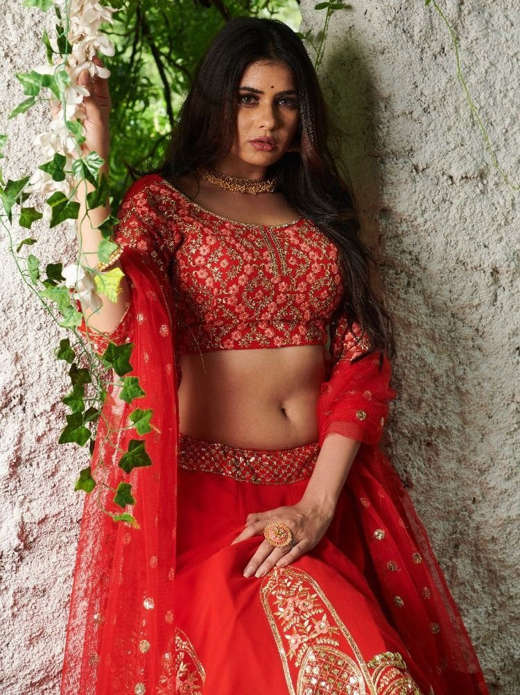 Red georgette hevy embroidered bridal lehenga choli