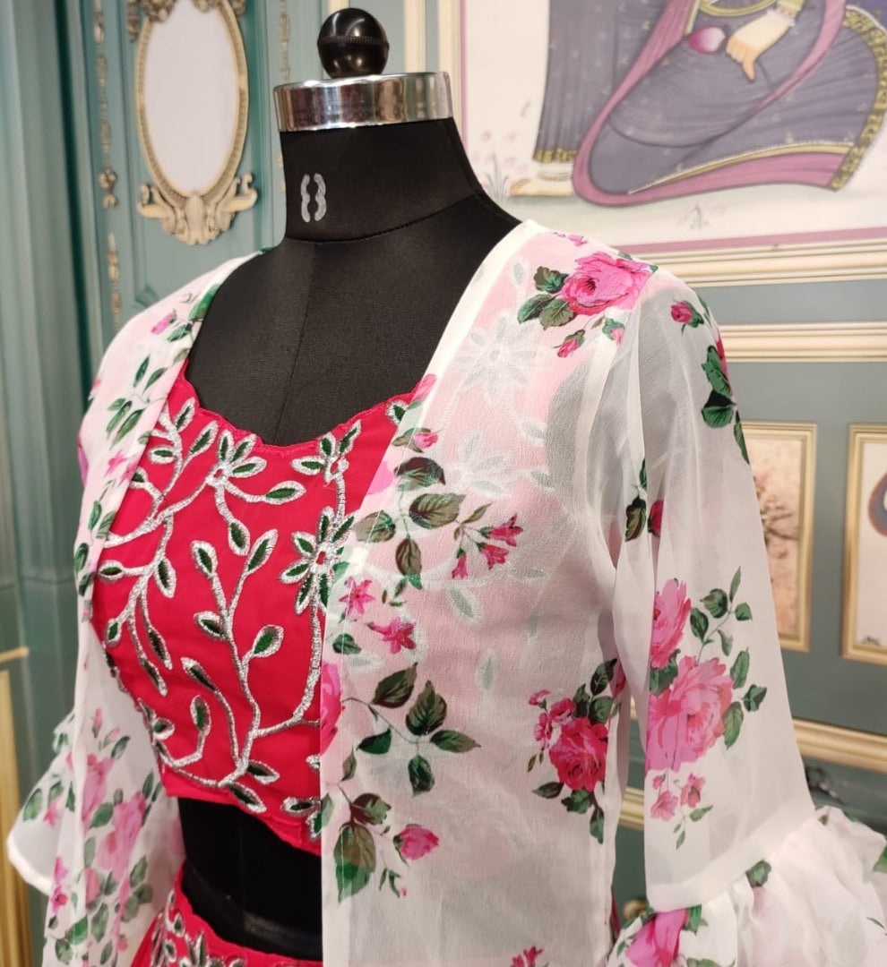 Red georgette lehenga choli with floral printed shrug