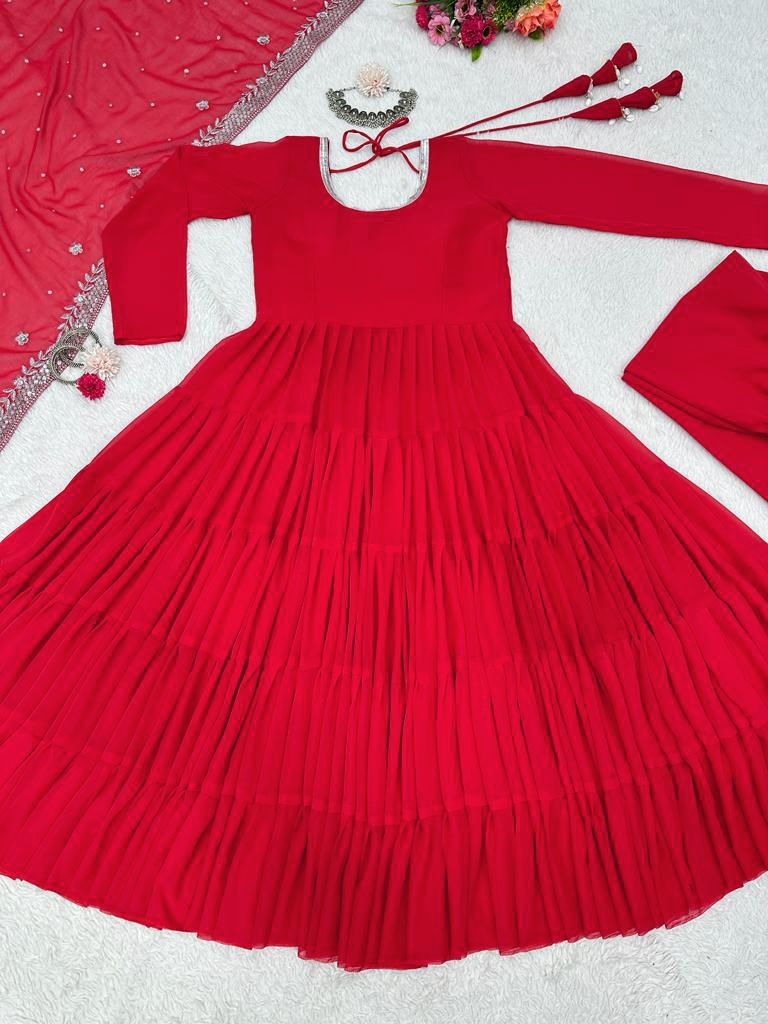 Red georgette long plain gown