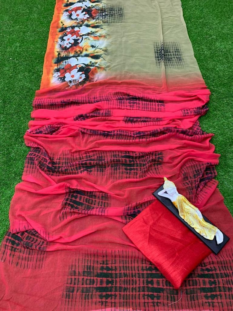 Red georgette multicolour digital printed saree