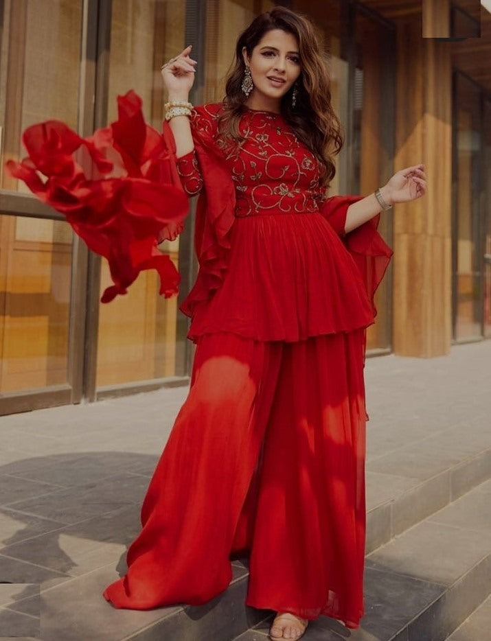 Red georgette partywear plazzo suit