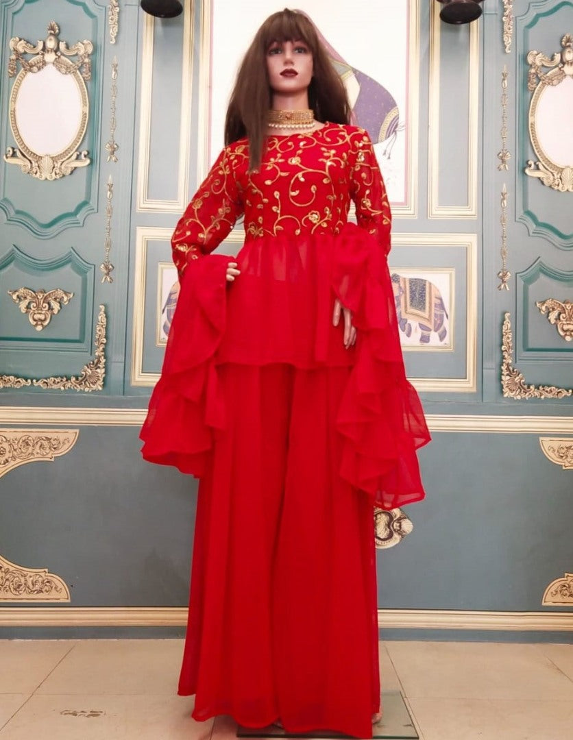 Red georgette partywear plazzo suit