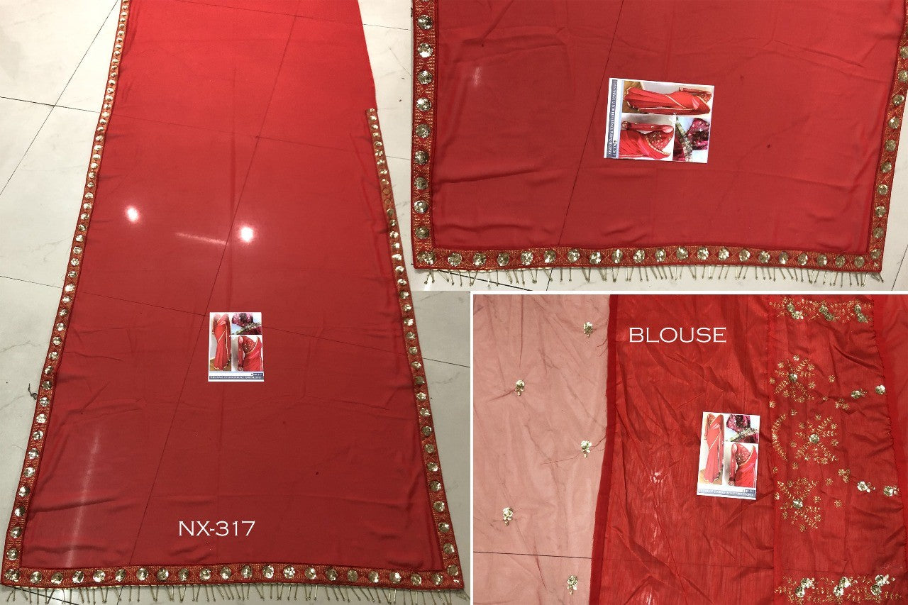 Red georgette partywear saree with embroidered blouse