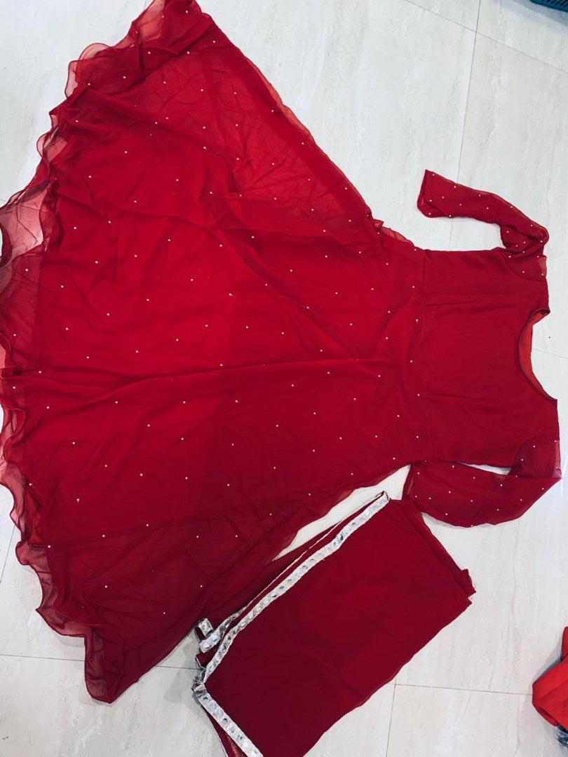 Red georgette pearl work anarkali suit