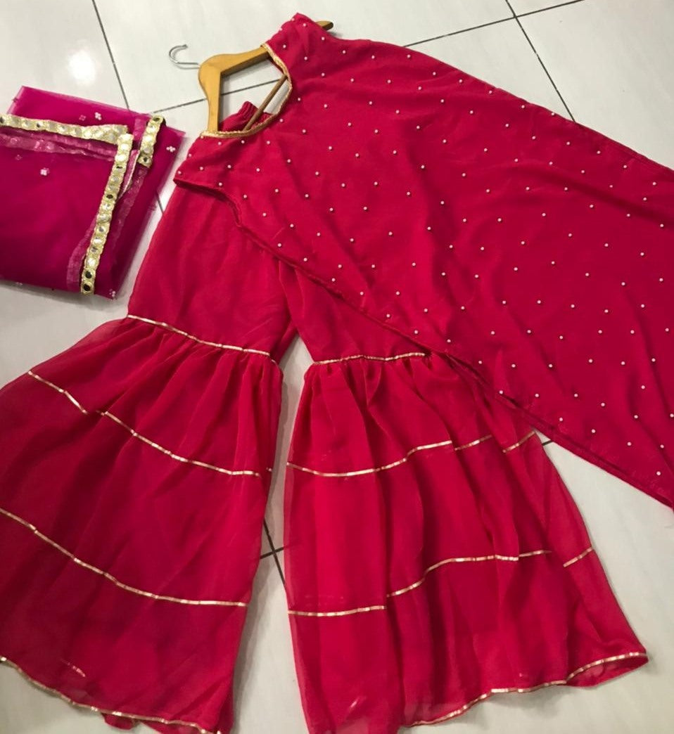 Red georgette pearl work sharara salwar suit