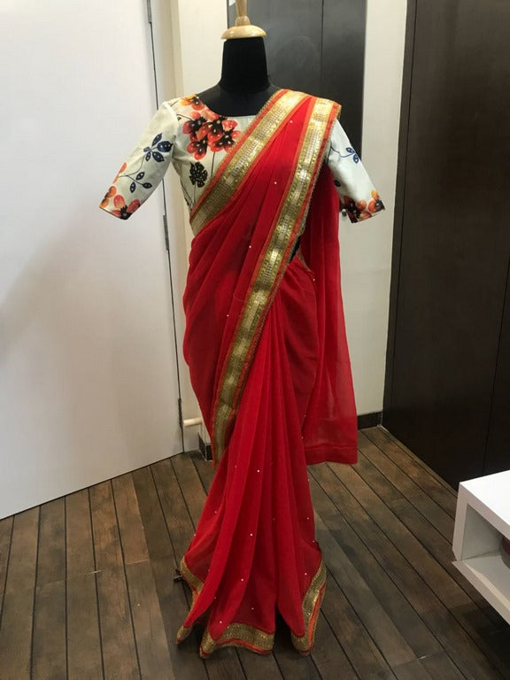 Red georgette perl work partywear saree