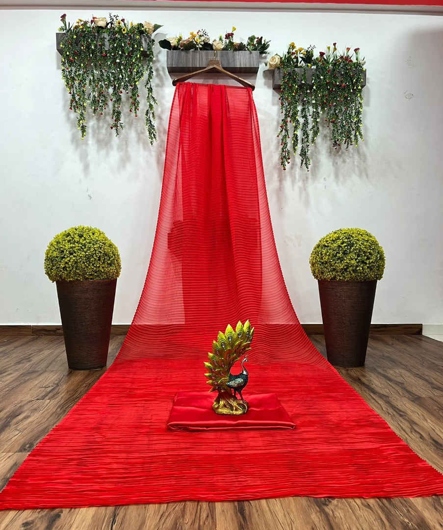 Red georgette pleated partywear saree