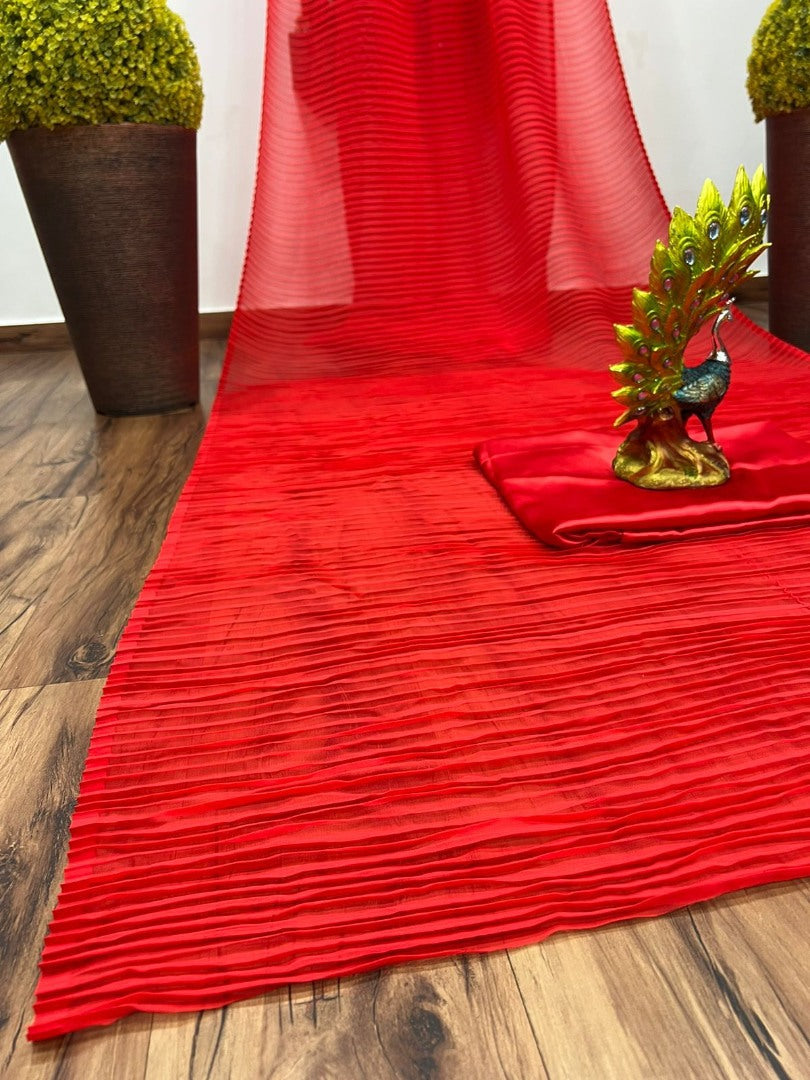 Red georgette pleated partywear saree
