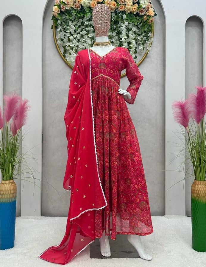 Red georgette print and hand worked alia cut kurti