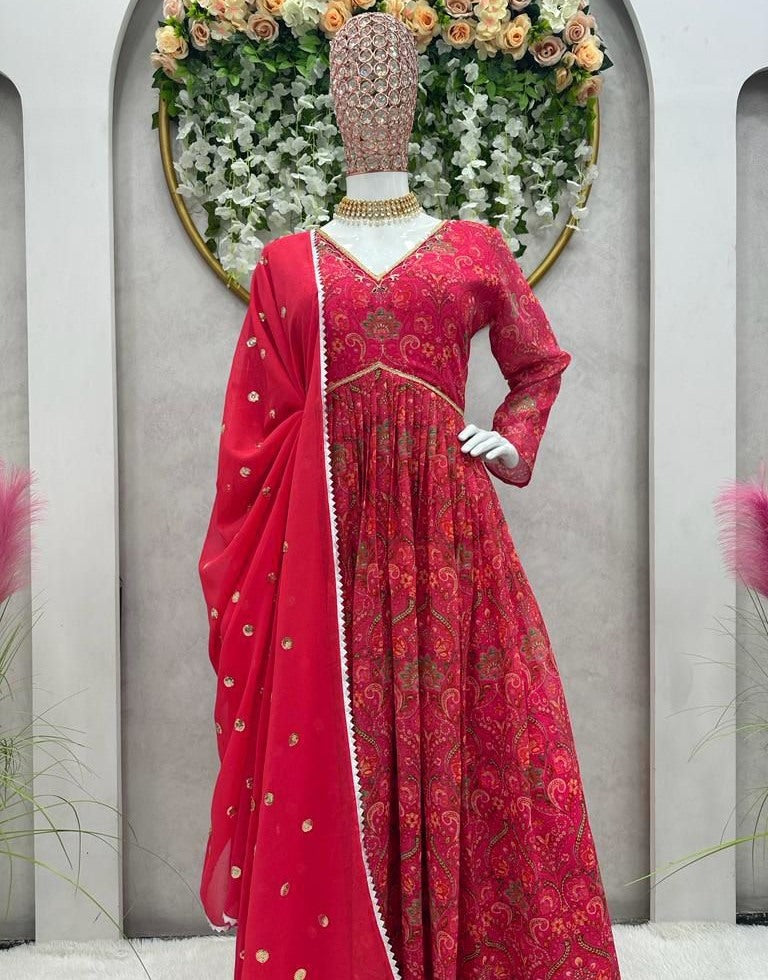 Red georgette print and hand worked alia cut kurti