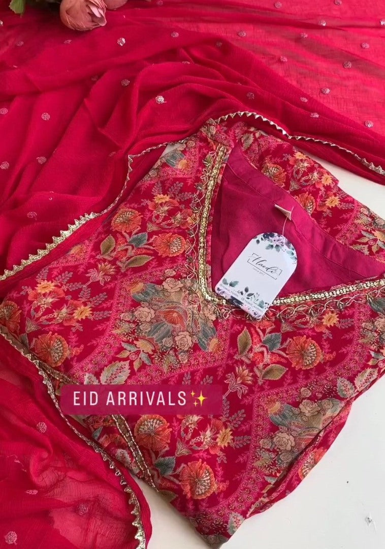 Red georgette print and hand worked alia cut kurti