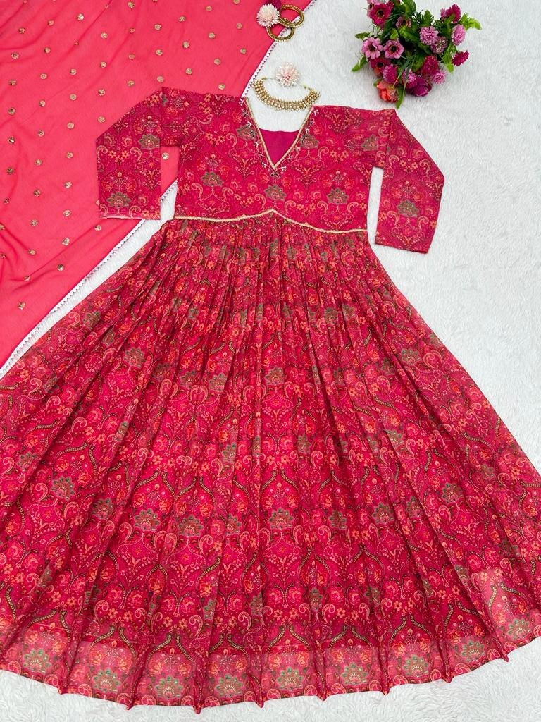 Red georgette print and hand worked alia cut kurti