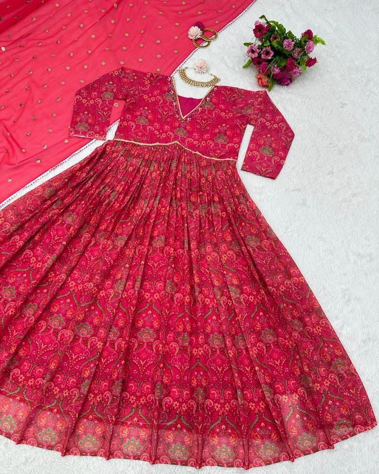 Red georgette print and hand worked alia cut kurti