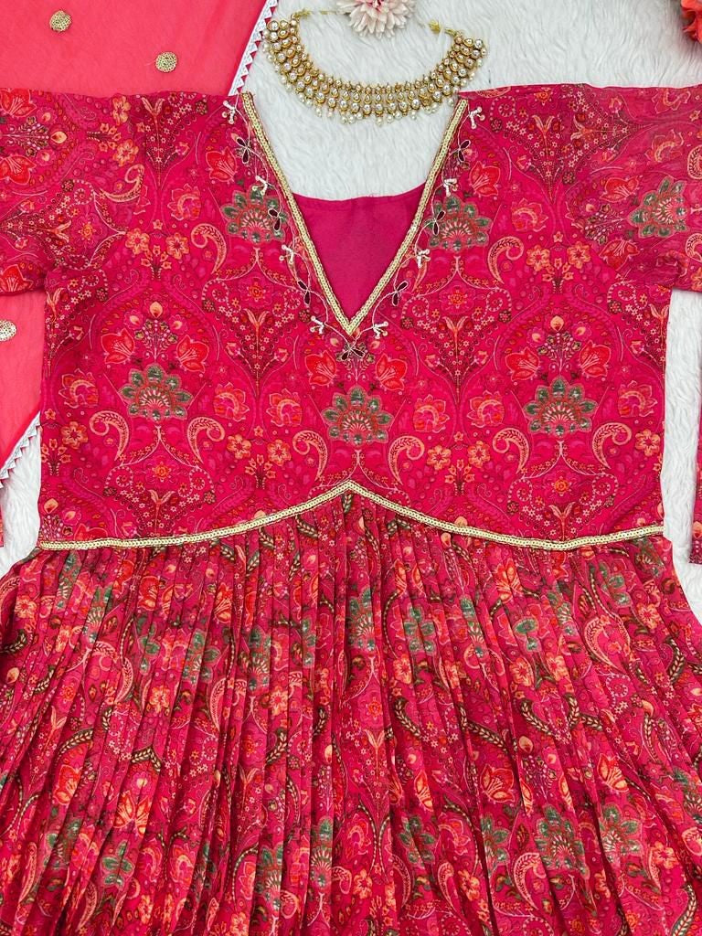 Red georgette print and hand worked alia cut kurti