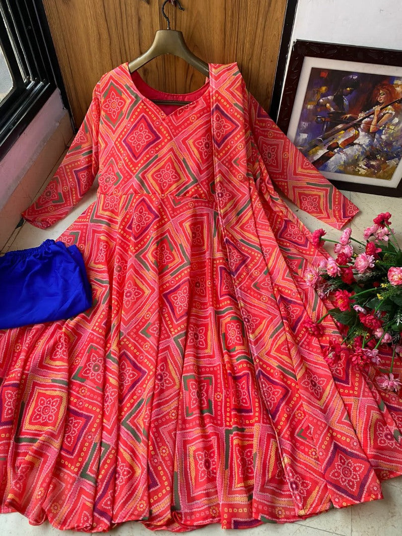 Red georgette printed anarkali suit