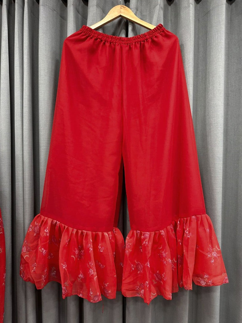 Red georgette printed anarkali with ruffle plazzo