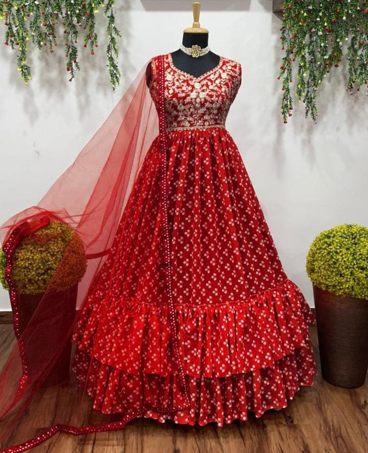 Red georgette printed and embroidered gown