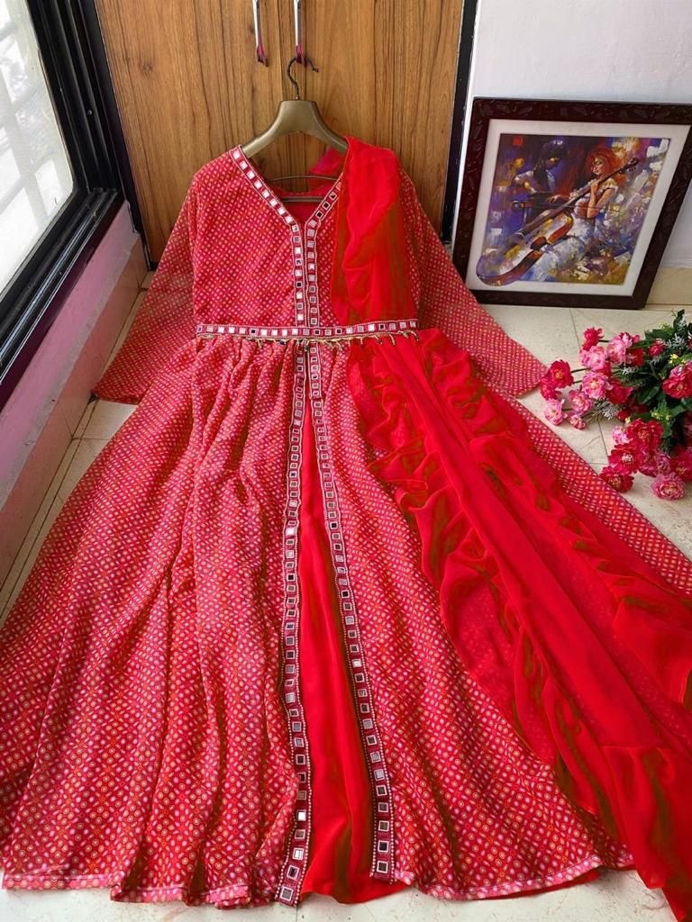 Red georgette printed gown