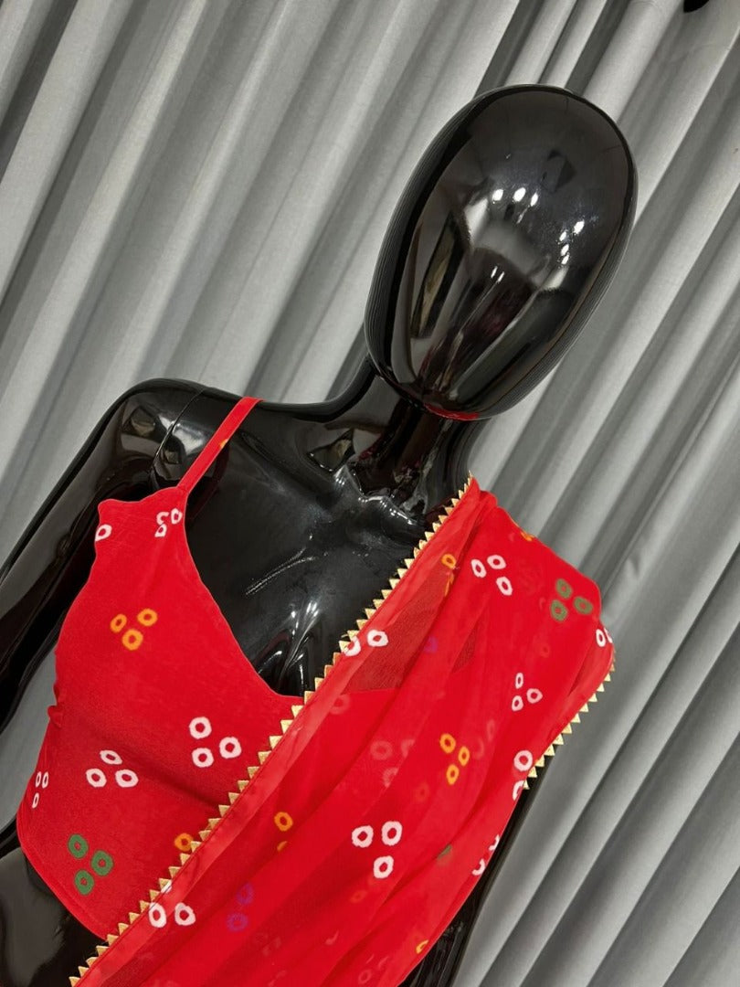 Red georgette printed lehenga saree