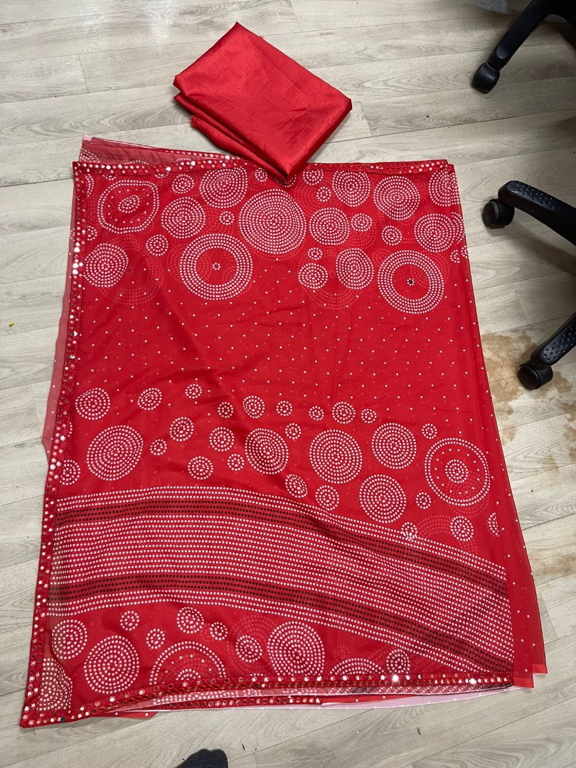 Red georgette printed mirror lace saree