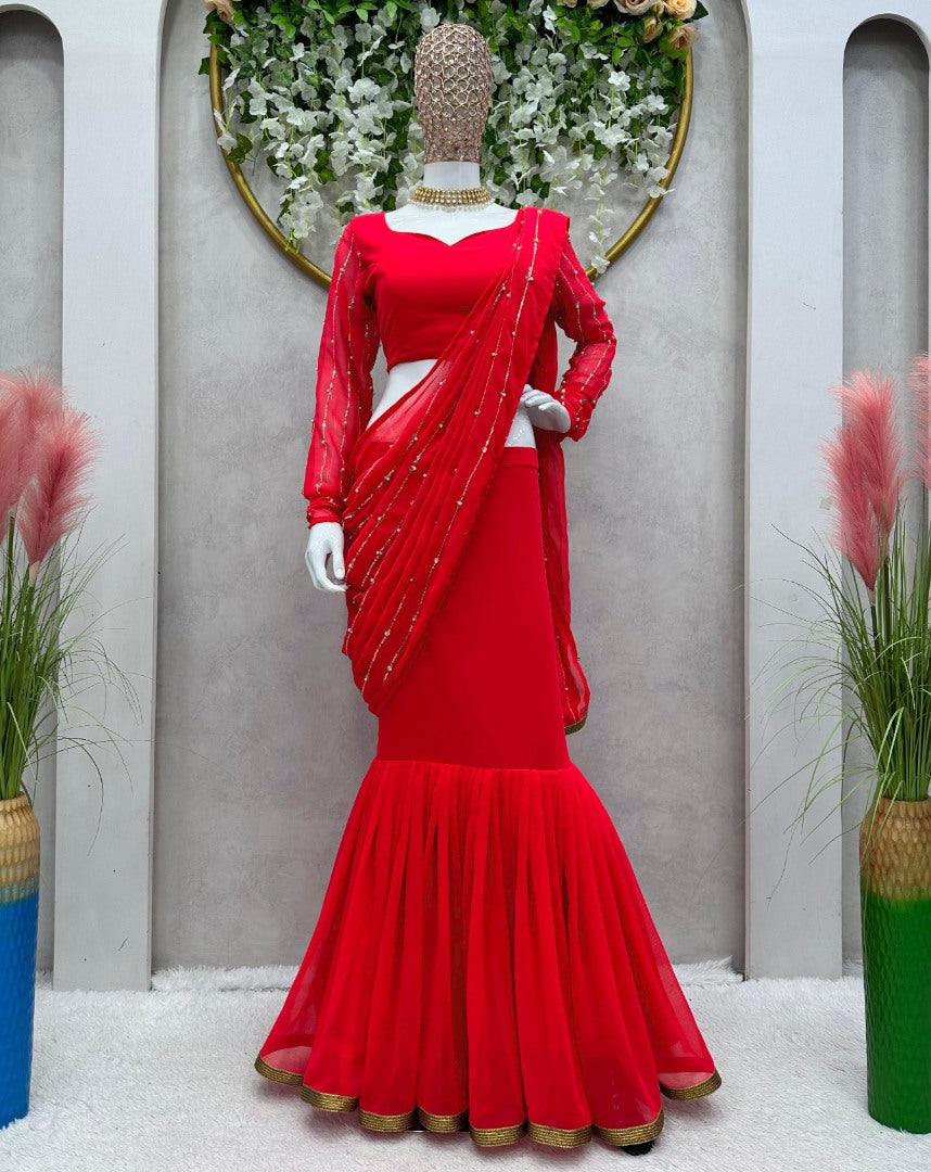 Red georgette ready to wear wedding lehenga saree