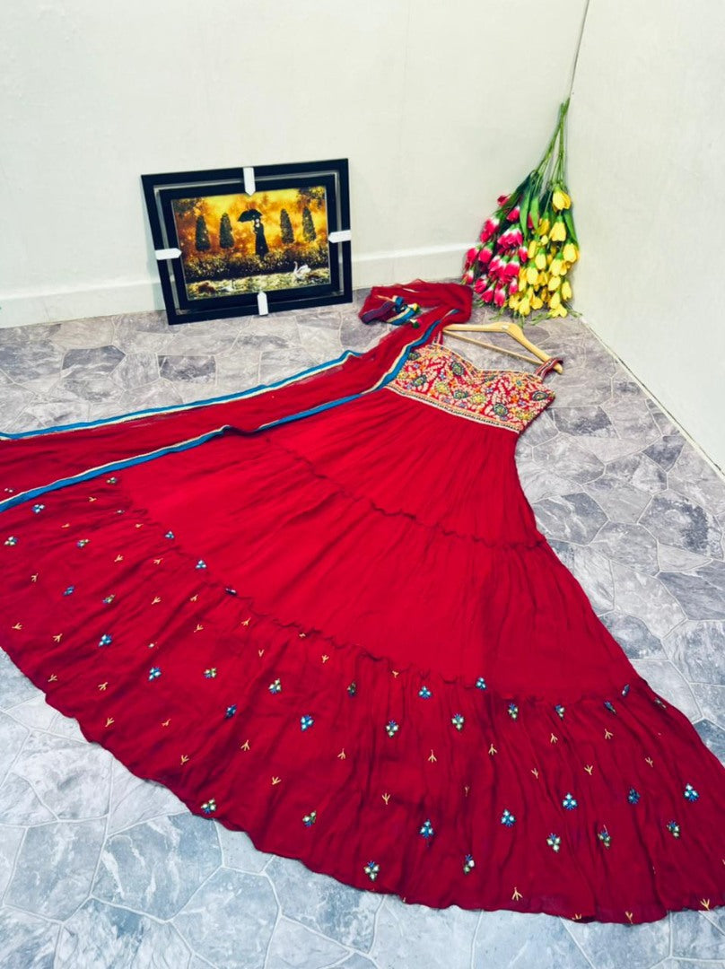 Red georgette real mirror and coading work gown