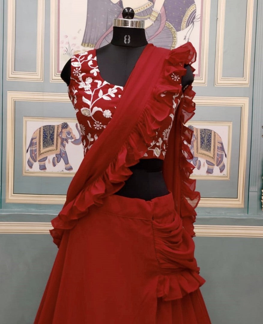 Red georgette ruffle border partywear lehenga saree