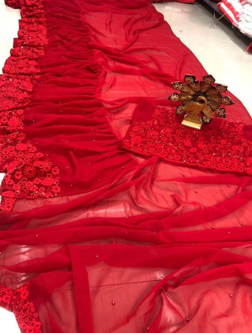 Red georgette sequence and moti work ruffle saree