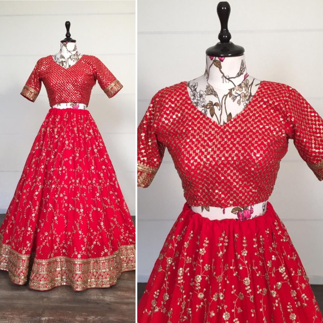 Red georgette sequence embroidered work wedding lehenga choli