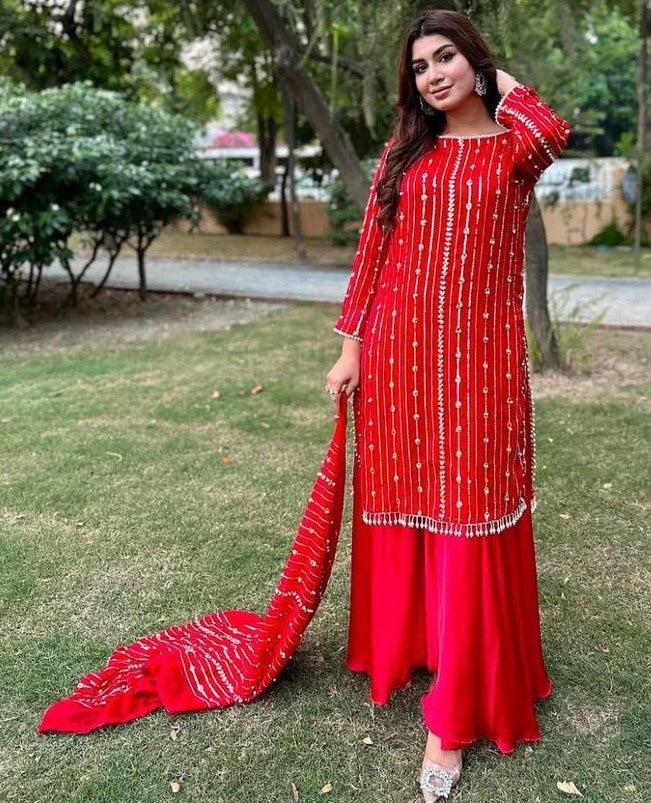 Red georgette sequence work palazzo suit