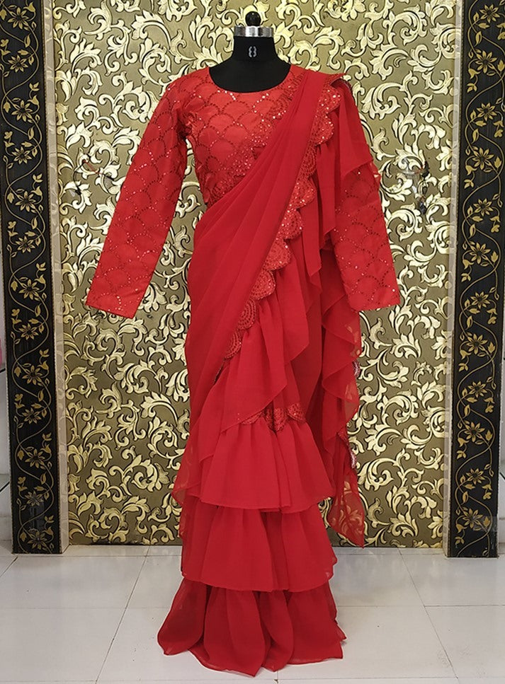 Red georgette stylist partywear ruffle saree with sequence work blouse