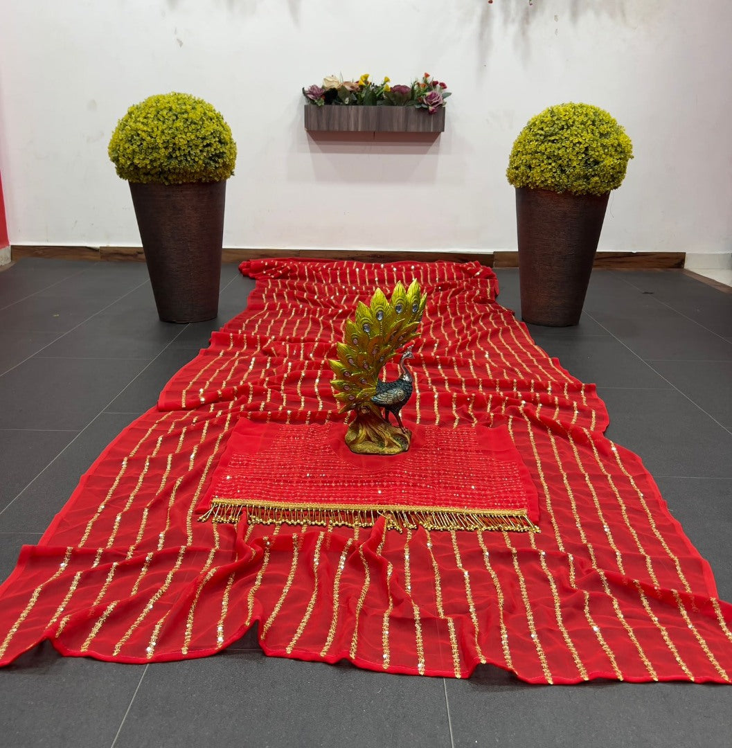 Red georgette thread and sequence work party wear saree