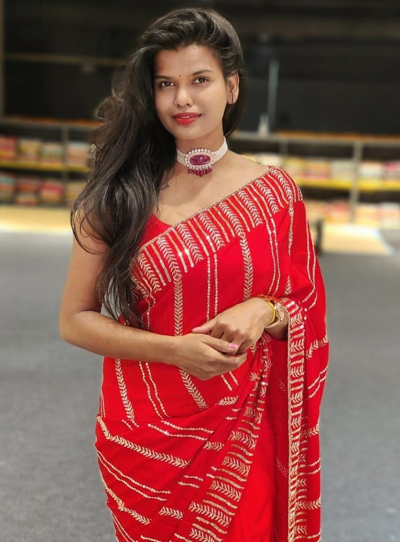 Red georgette thread embroidered saree