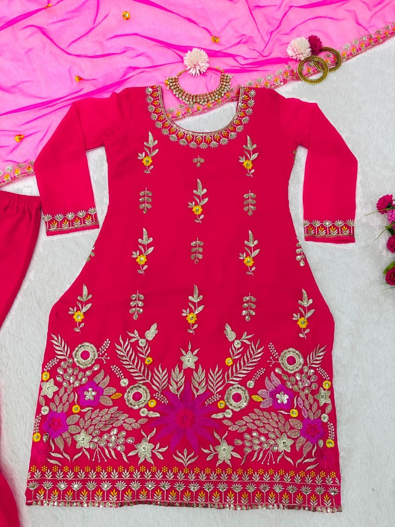 Red georgette thread sequence work wedding sharara suit