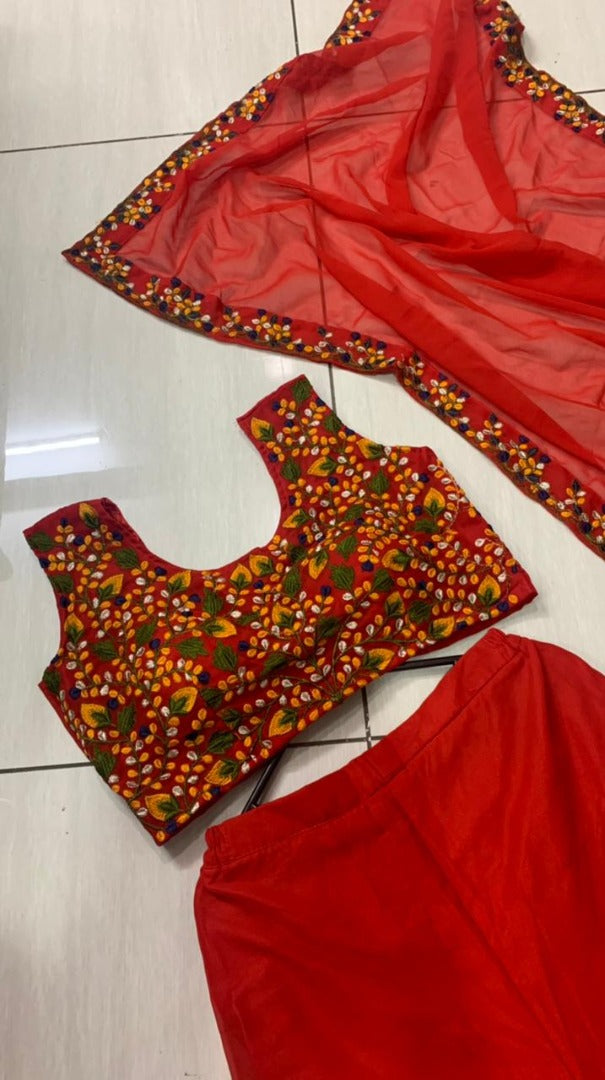 Red georgette thread work flary sharara suit
