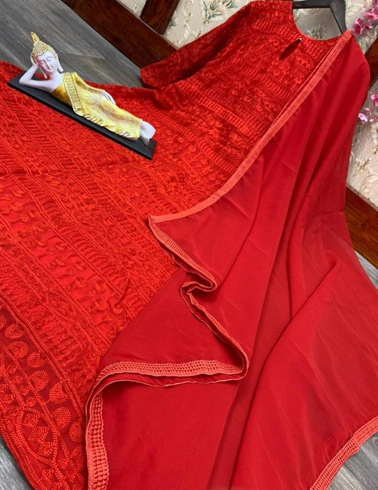 Red georgette with chain stitched work anarkali gown