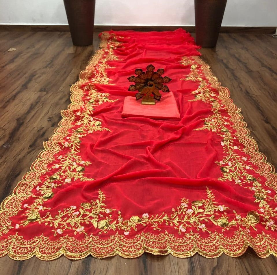 Red heavy embroidered wedding saree