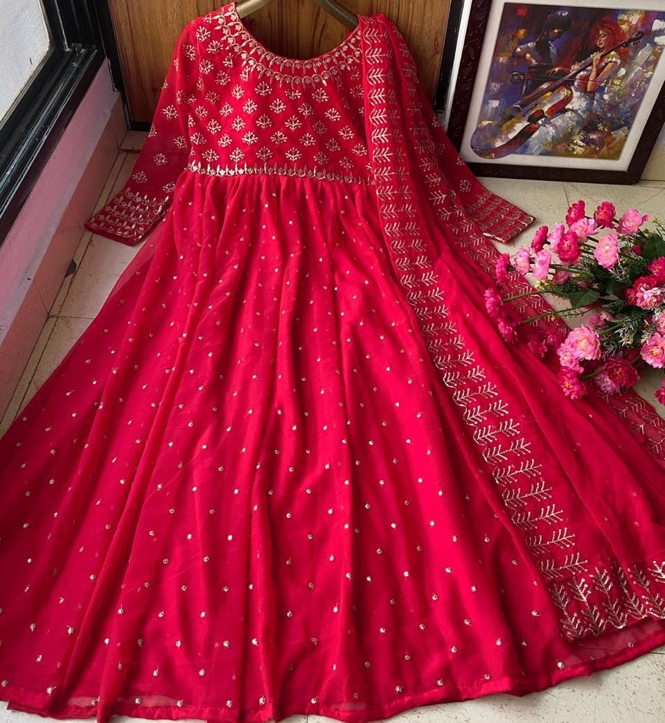 Red heavy georgette fully embroidered work designer gown